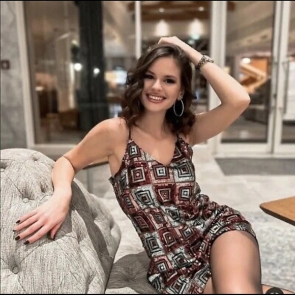 ZARA Blogger Favorite Geometric Print Sequin Mini Slip Dress Medium NEW Party - Picture 4 of 15